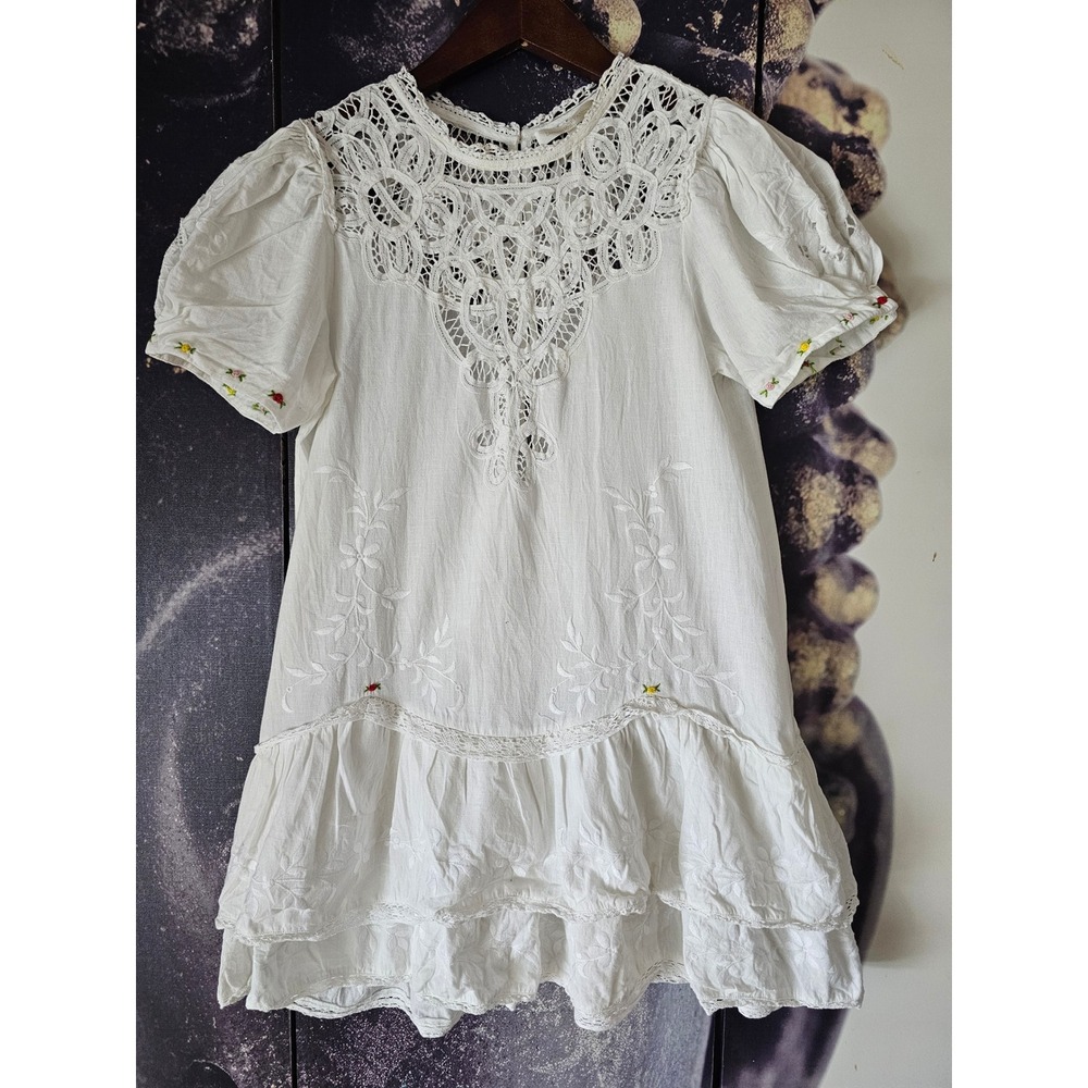 LoveShackFancy White Cotton Crochet Lace Floral Embroidered Mini Dress Medium